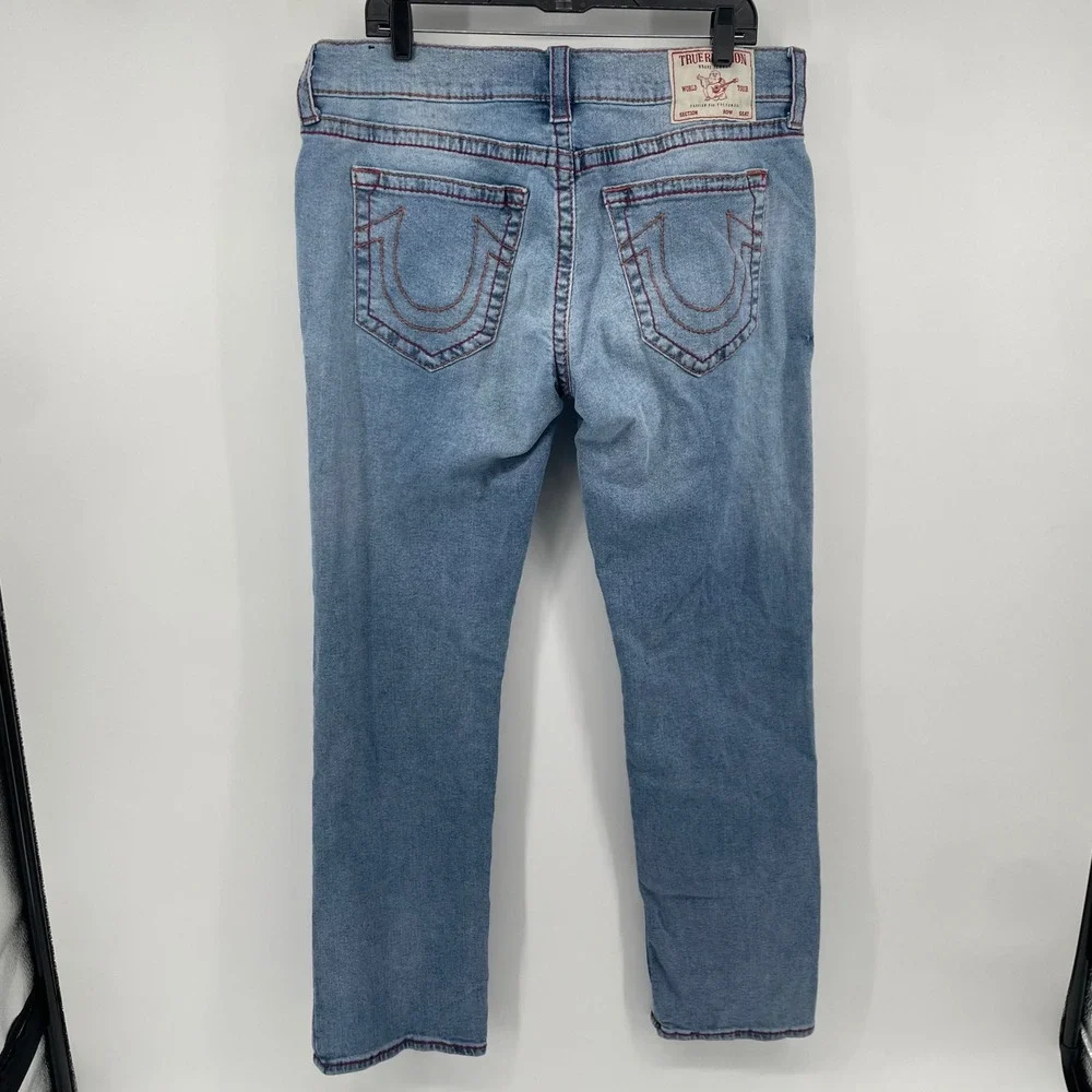 True Religion Ricky Jeans Mens 36 Blue Relaxed Straight Contrast Red Stitching